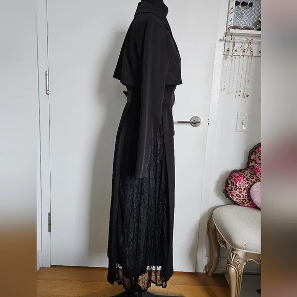 Resexxy Gyaru Black Trench Coat Pleated Lace Panel Sides Tortoise Shell Buttons - Picture 13 of 14